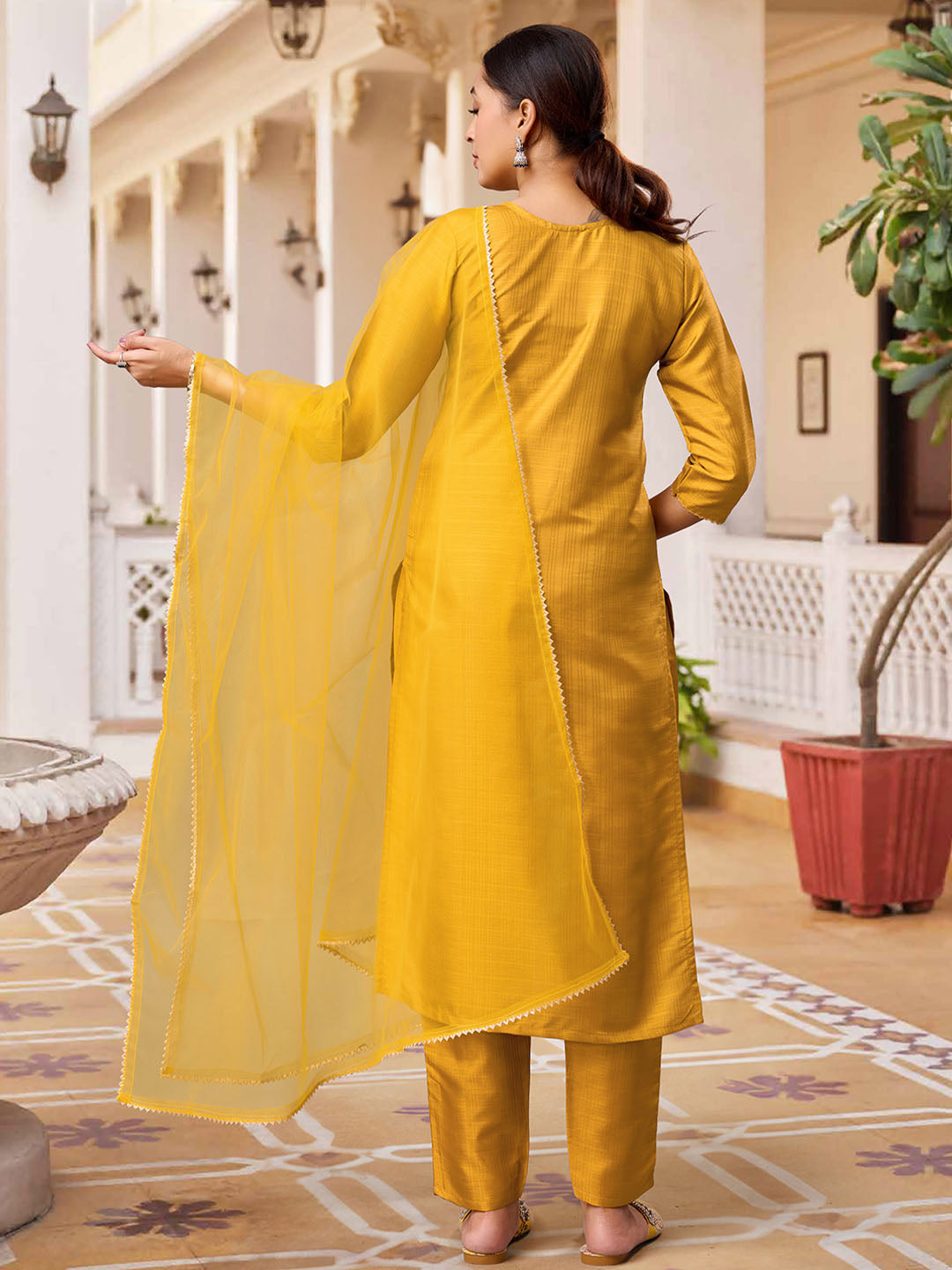 Mustard Colour Polyester Silk Kurta With Bottom & Net Dupatta Set