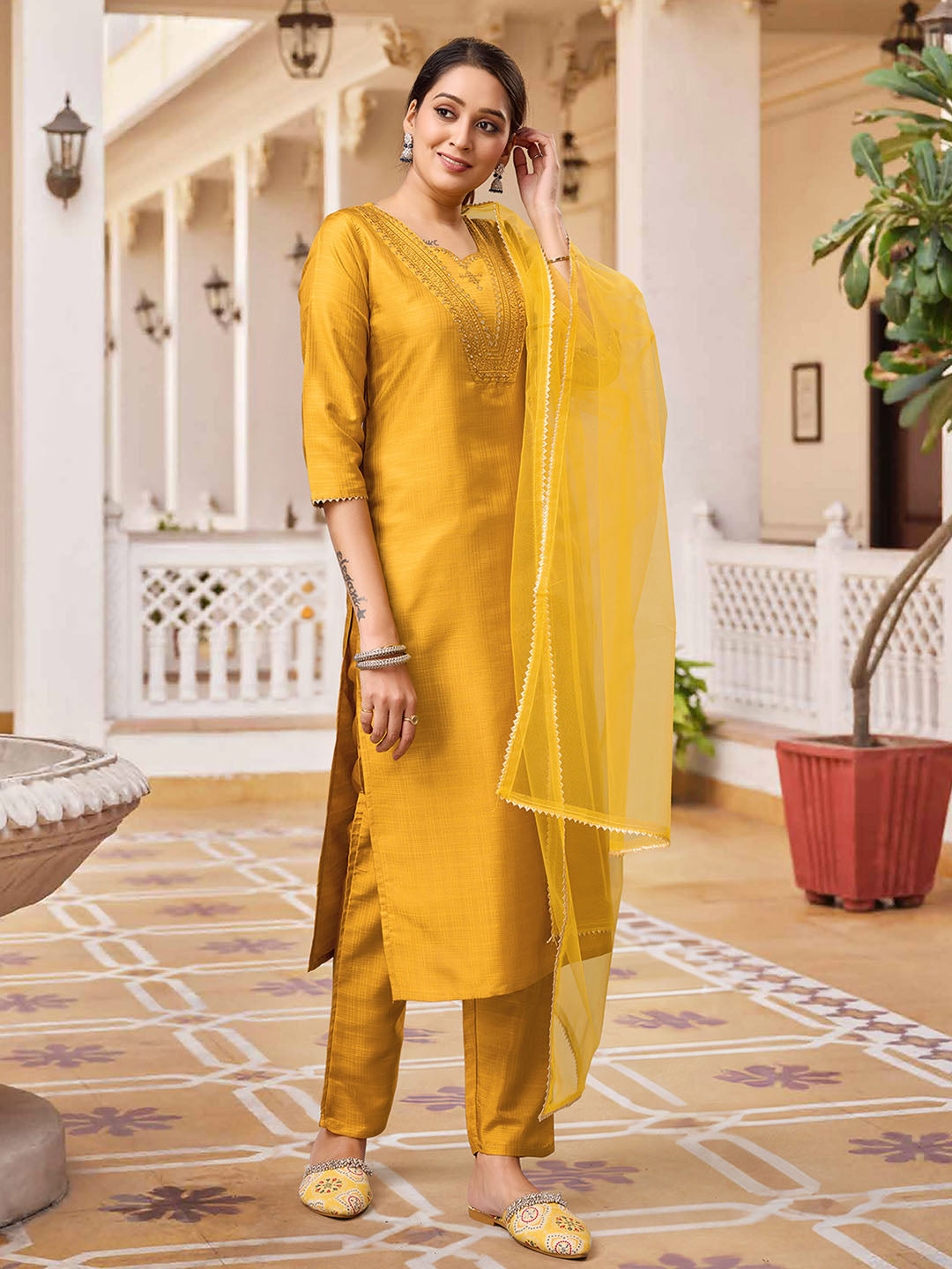 Mustard Colour Polyester Silk Kurta With Bottom & Net Dupatta Set