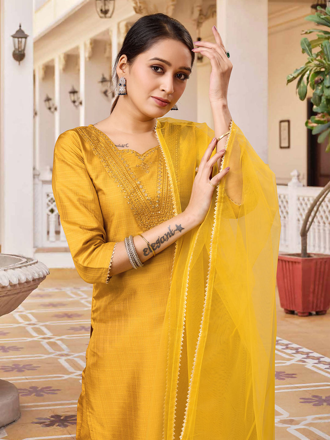 Mustard Colour Polyester Silk Kurta With Bottom & Net Dupatta Set