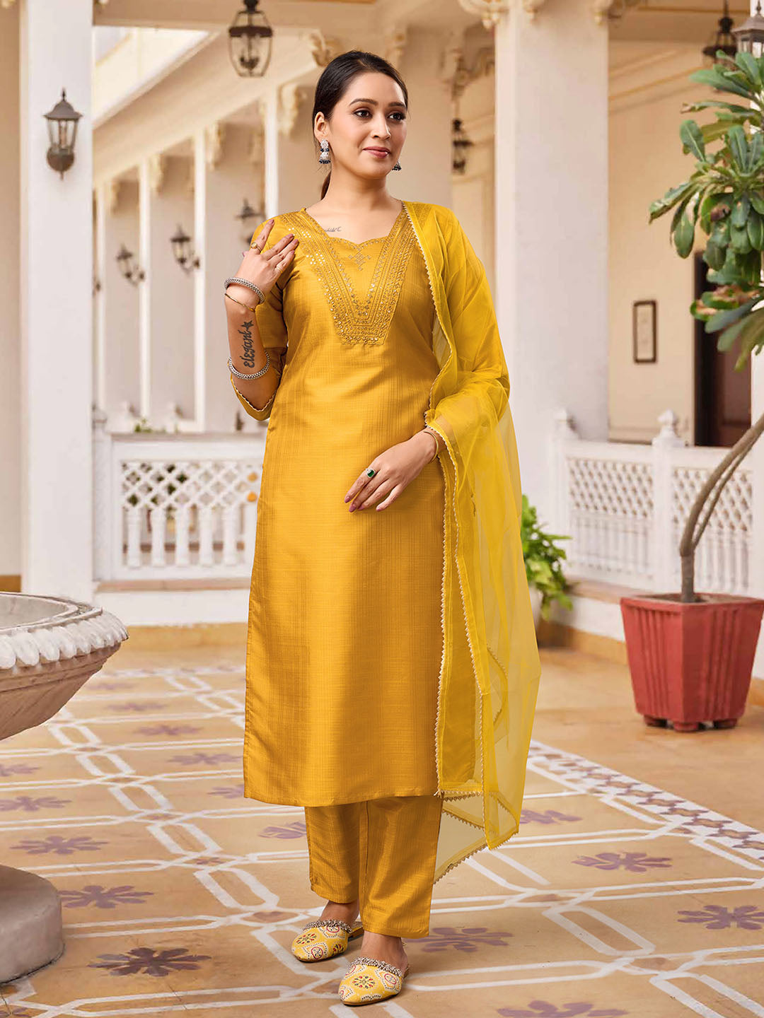 Mustard Colour Polyester Silk Kurta With Bottom & Net Dupatta Set