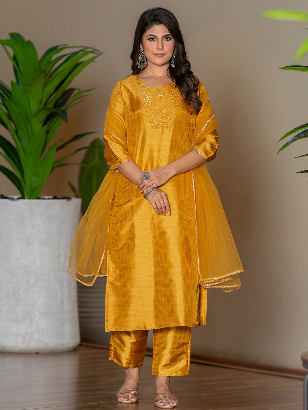 Mustard Colour Polyester Silk Kurta With Bottom & Net Dupatta Set