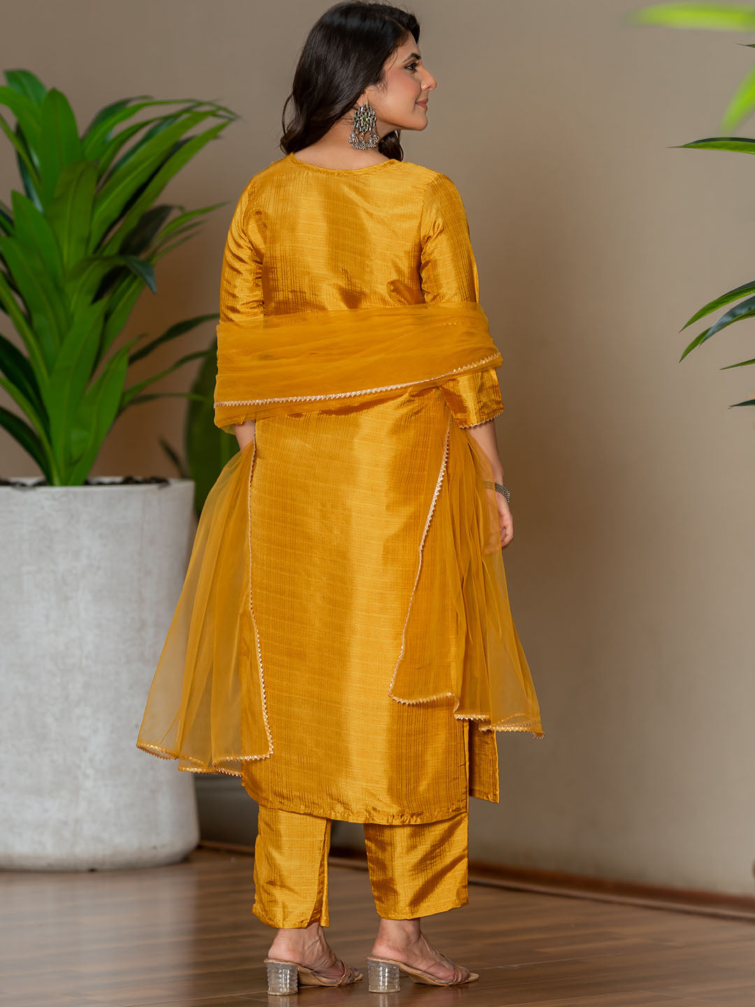 Mustard Colour Polyester Silk Kurta With Bottom & Net Dupatta Set