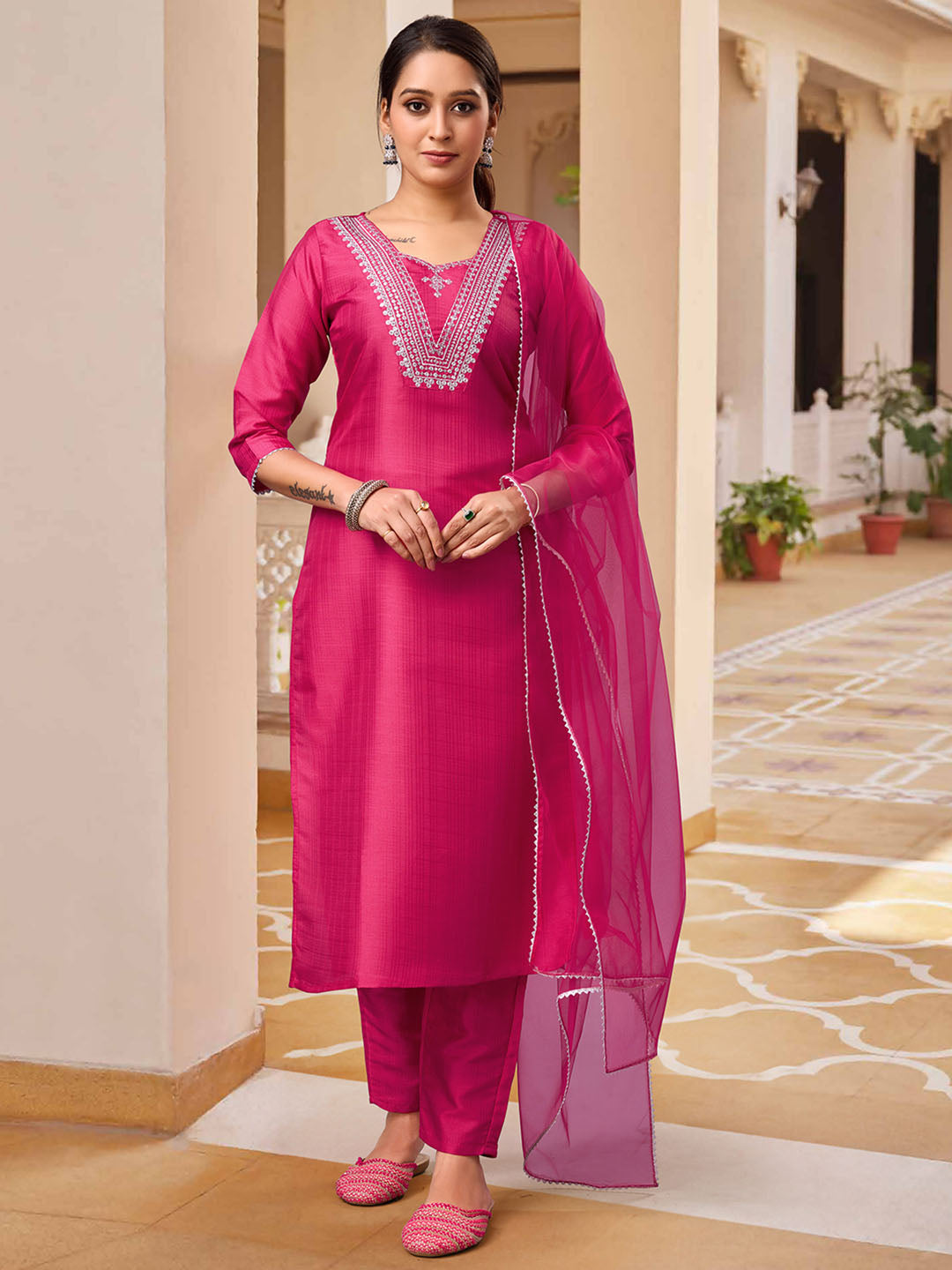 Pink Polyester Silk Kurta With Bottom & Net Dupatta Set