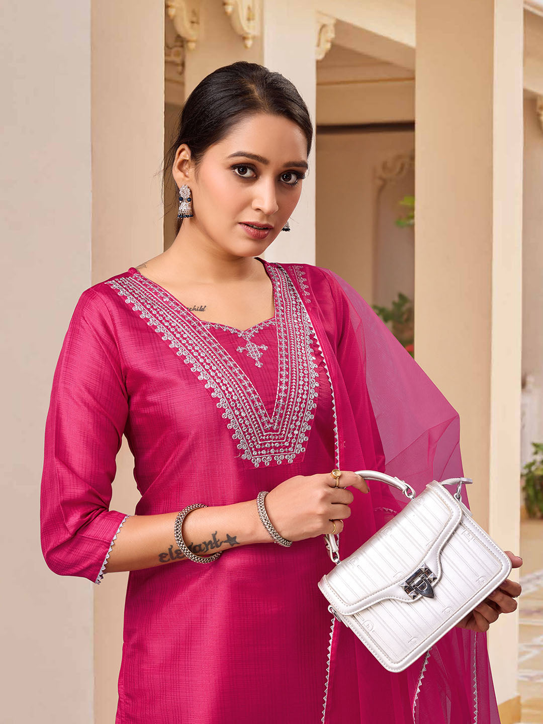 Pink Polyester Silk Kurta With Bottom & Net Dupatta Set