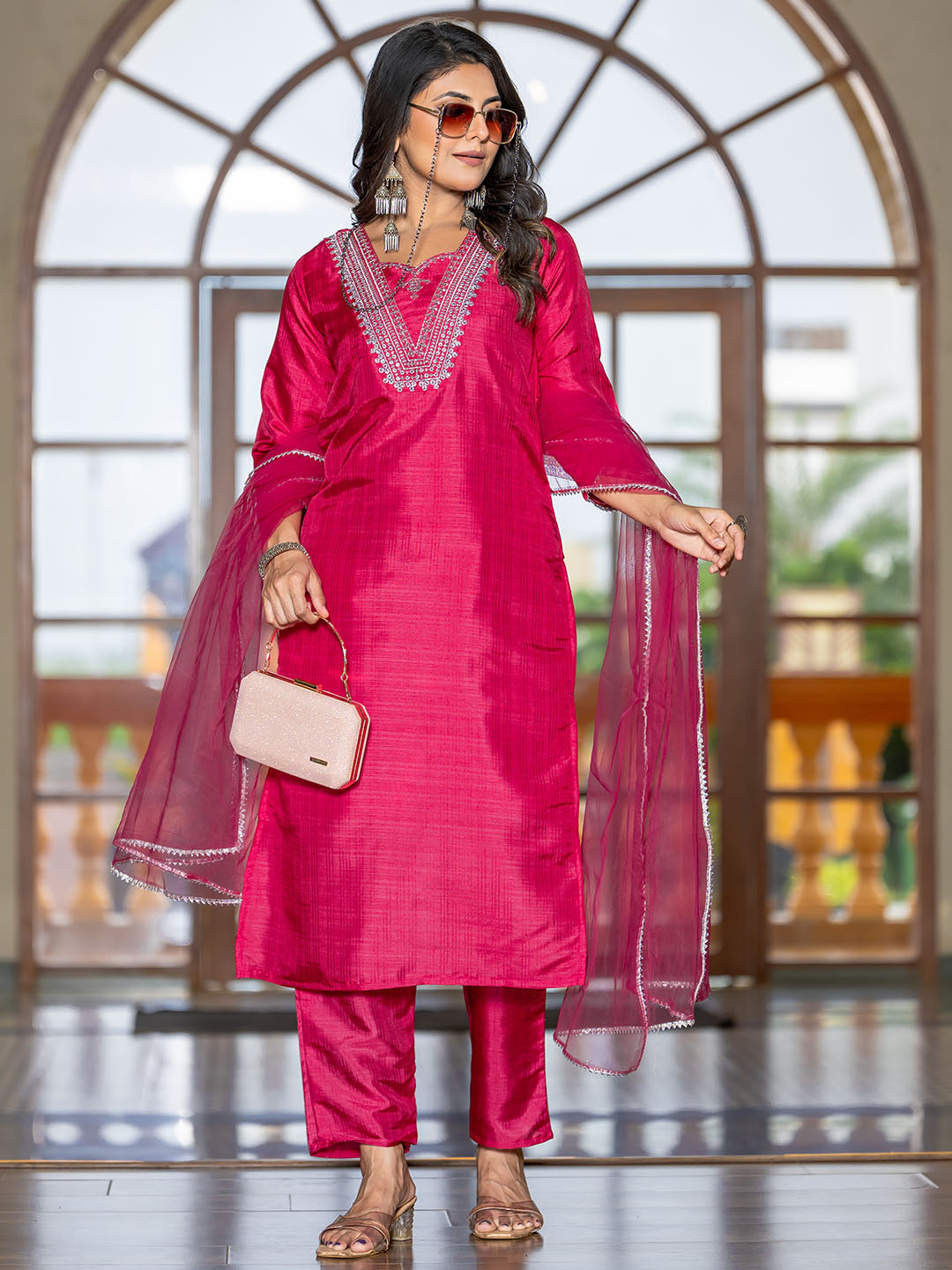 Pink Colour Polyester Silk Kurta With Bottom & Net Dupatta Set