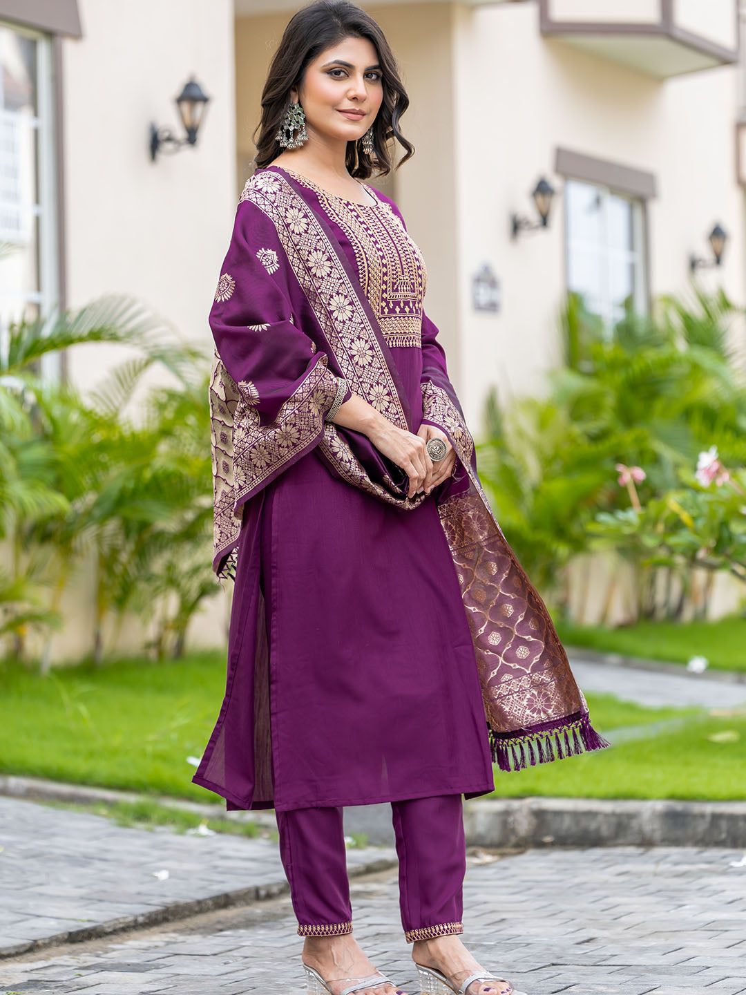 Purple Colour Rayon Cotton Kurta With Bottom & Banarasi Silk Dupatta Set