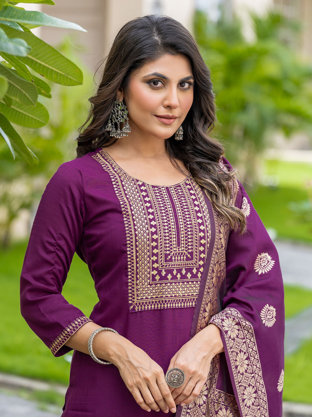 Purple Colour Rayon Cotton Kurta With Bottom & Banarasi Silk Dupatta Set