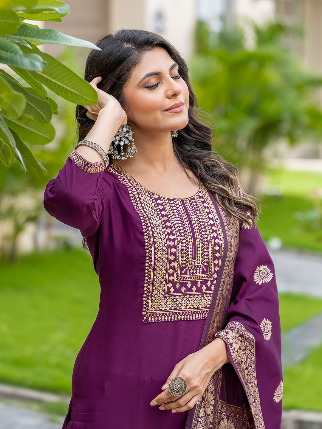 Purple Colour Rayon Cotton Kurta With Bottom & Banarasi Silk Dupatta Set