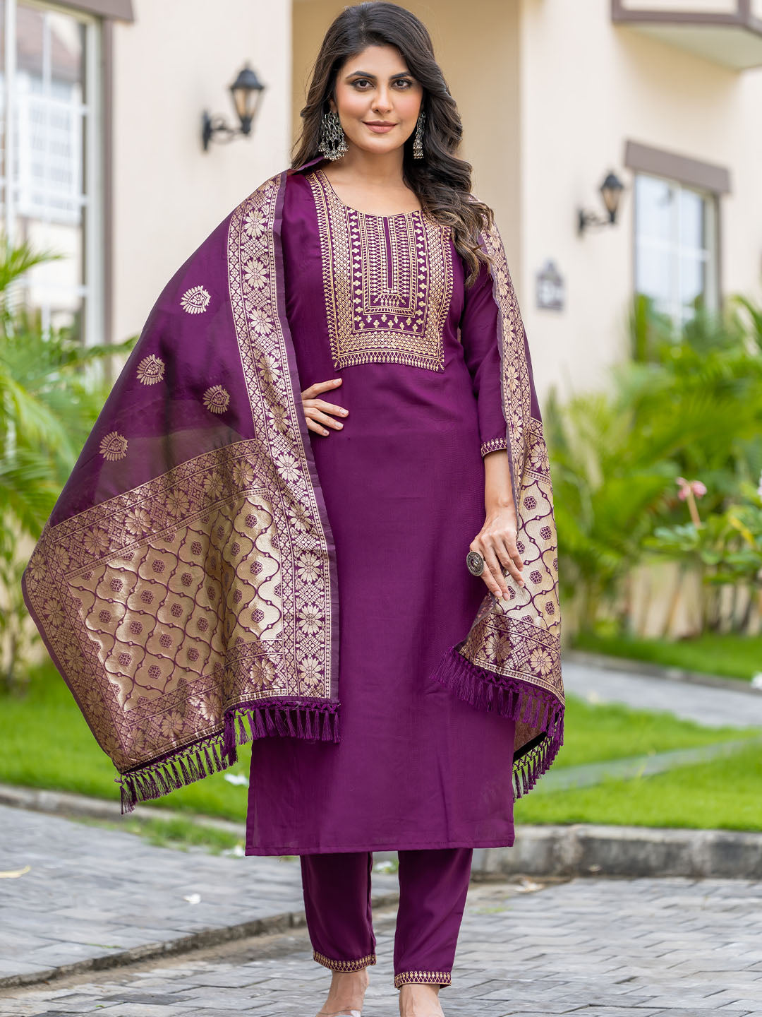 Purple Colour Rayon Cotton Kurta With Bottom & Banarasi Silk Dupatta Set