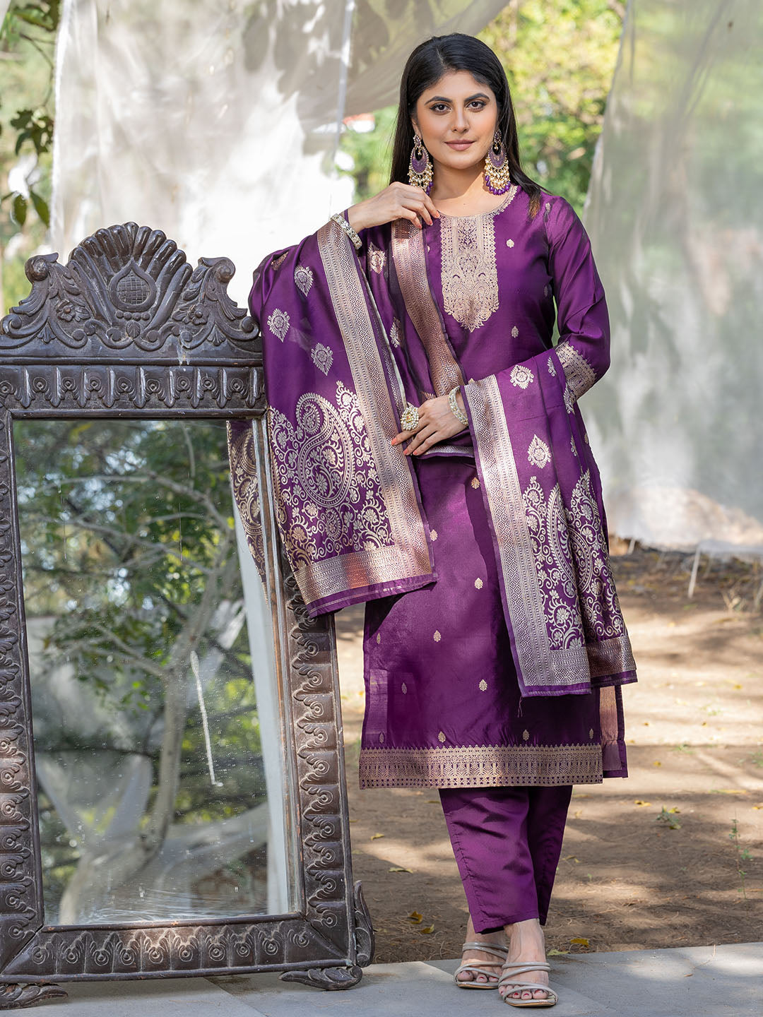 Wine Color Polyester Silk Kurta With Bottom & Dupatta Set