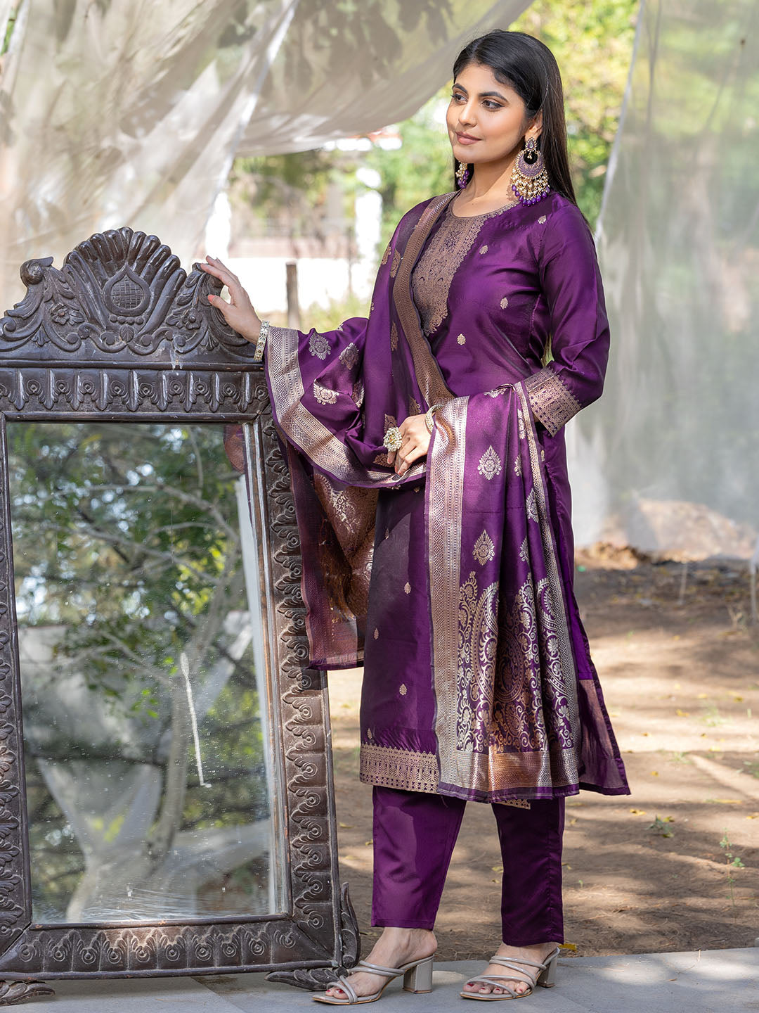 Wine Color Polyester Silk Kurta With Bottom & Dupatta Set