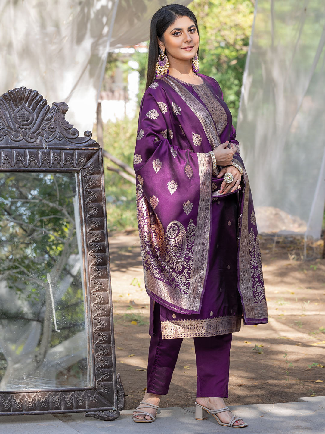 Wine Color Polyester Silk Kurta With Bottom & Dupatta Set