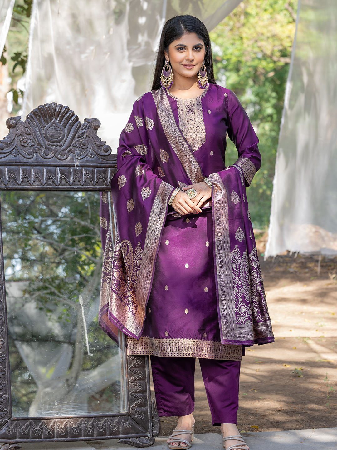 Wine Color Polyester Silk Kurta With Bottom & Dupatta Set