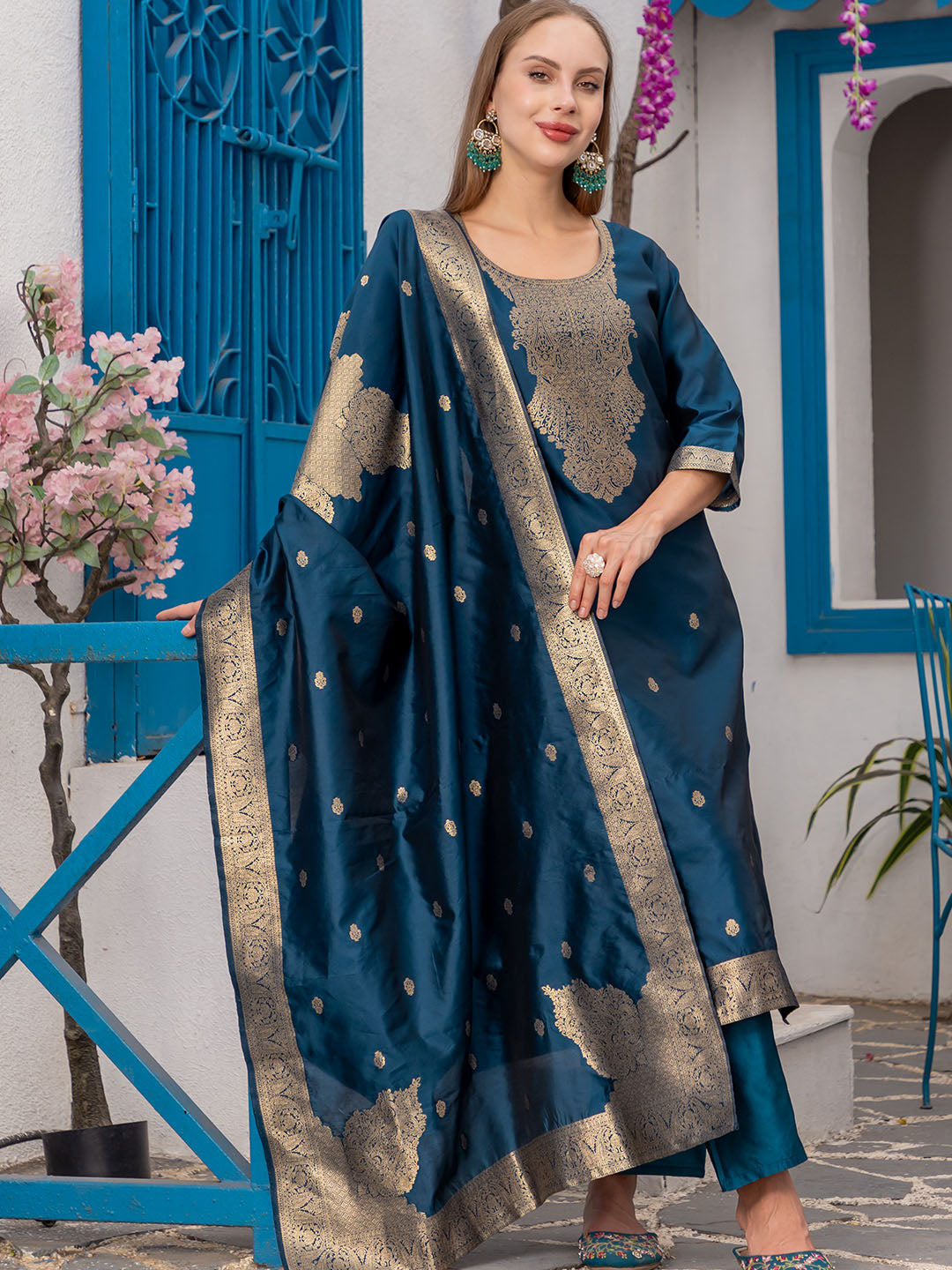 Teal Colour Polyester Blend Kurta With Bottom & Banarasi Silk Dupatta Set