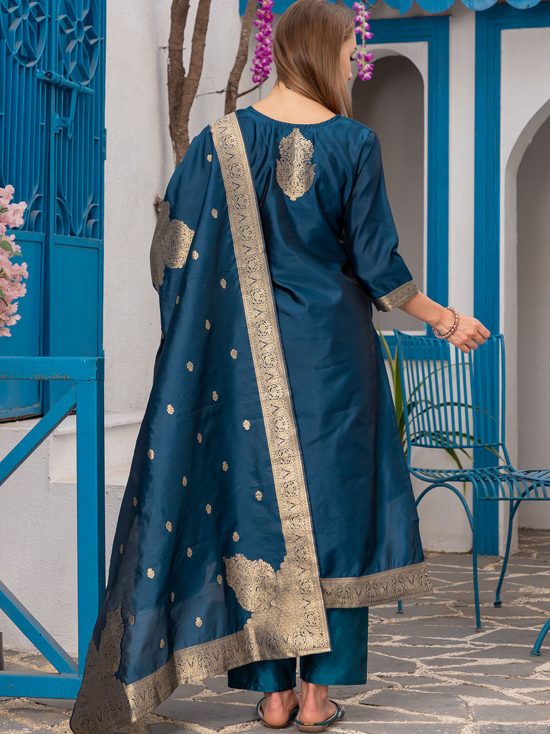 Teal Colour Polyester Blend Kurta With Bottom & Banarasi Silk Dupatta Set