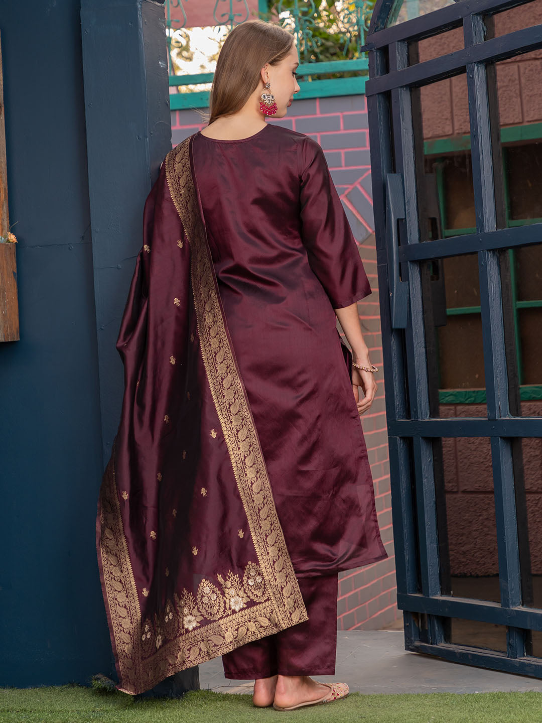 Maroon Colour Polyester Blend Kurta With Bottom & Banarasi Silk Dupatta Set