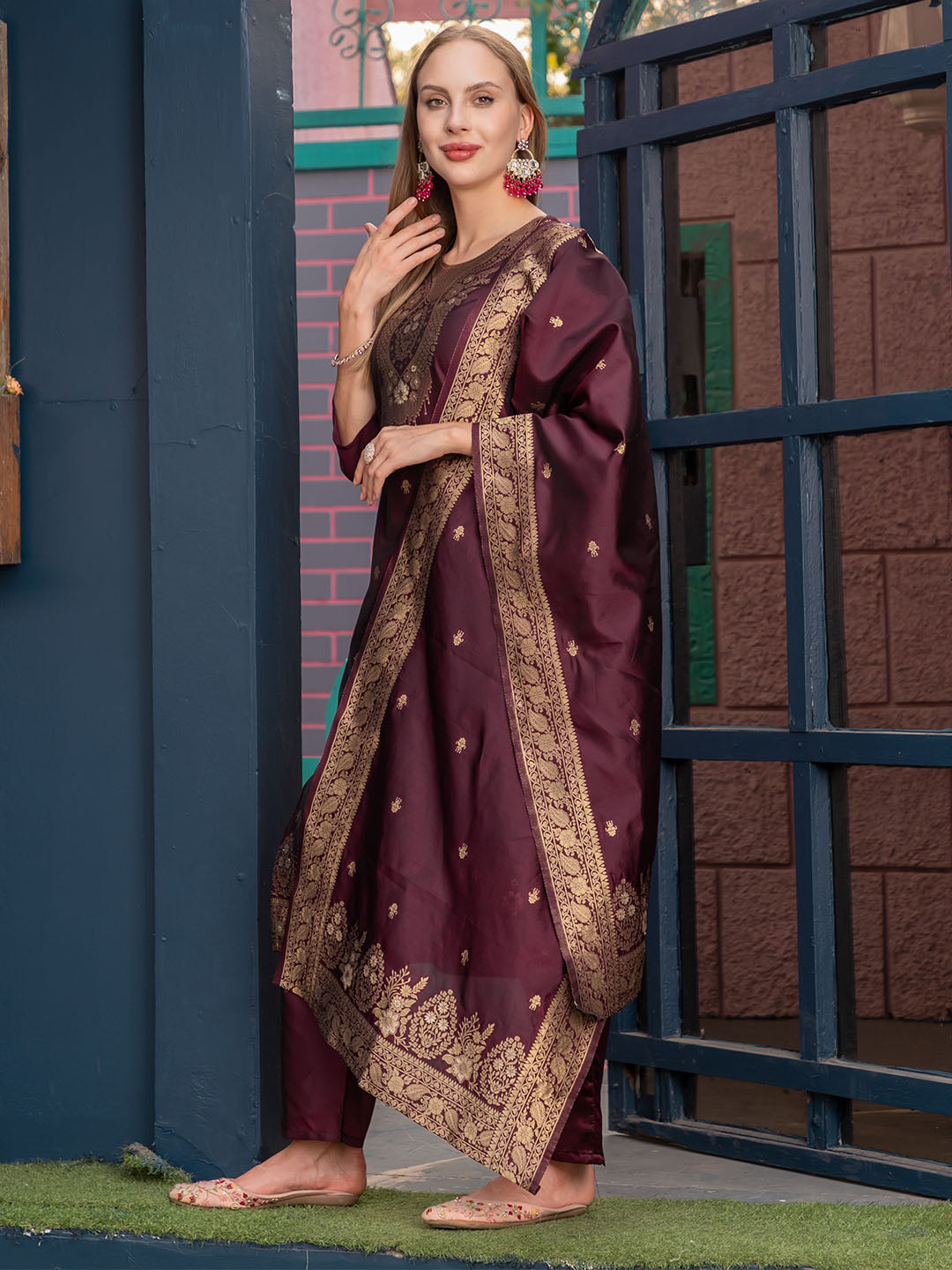 Maroon Colour Polyester Blend Kurta With Bottom & Banarasi Silk Dupatta Set