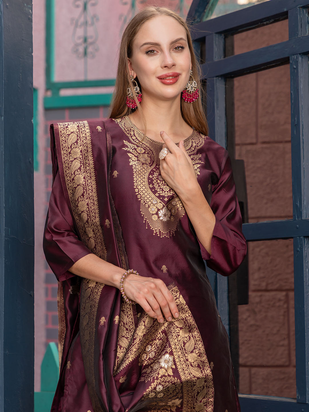 Maroon Colour Polyester Blend Kurta With Bottom & Banarasi Silk Dupatta Set