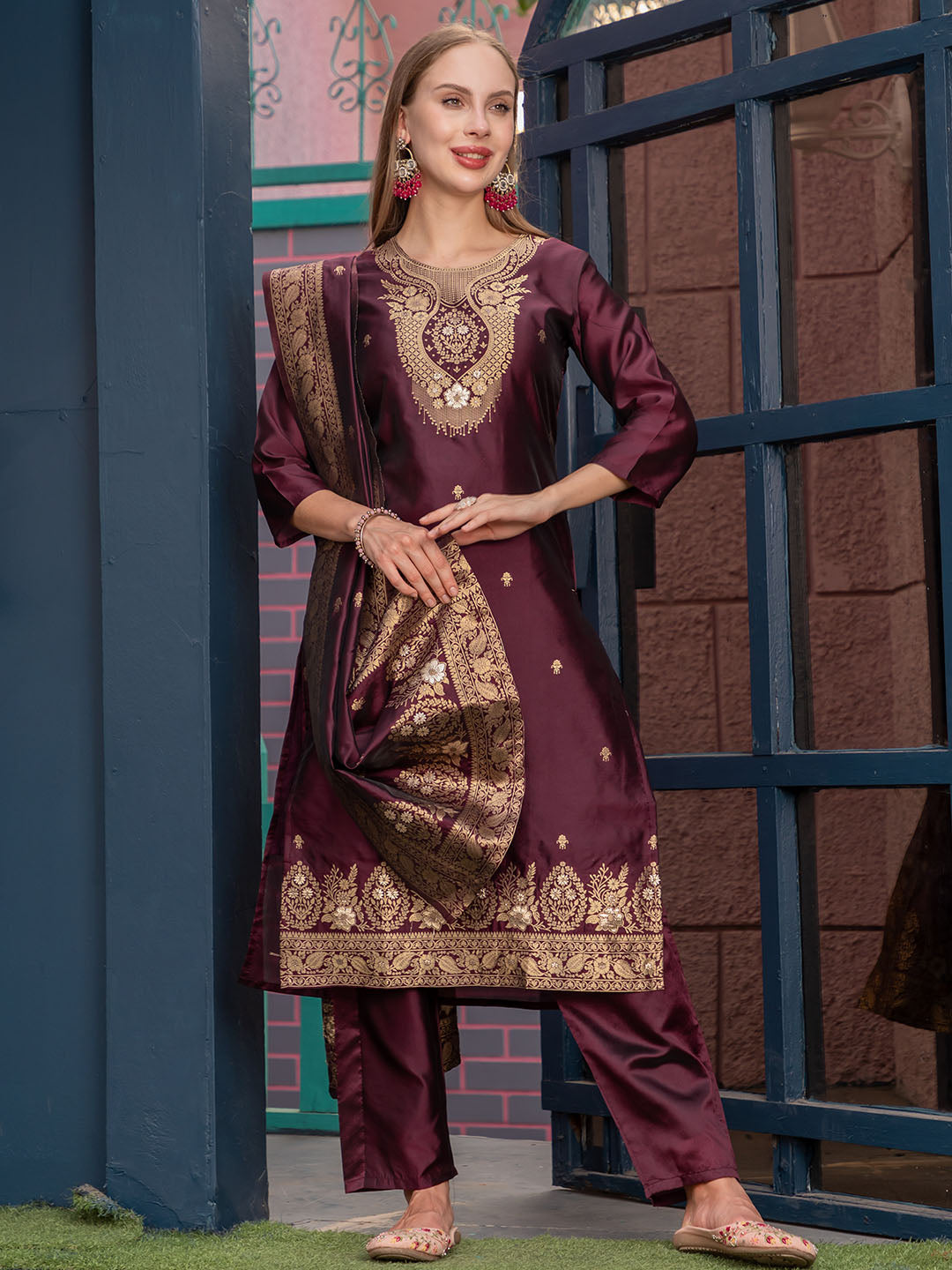 Maroon Colour Polyester Blend Kurta With Bottom & Banarasi Silk Dupatta Set