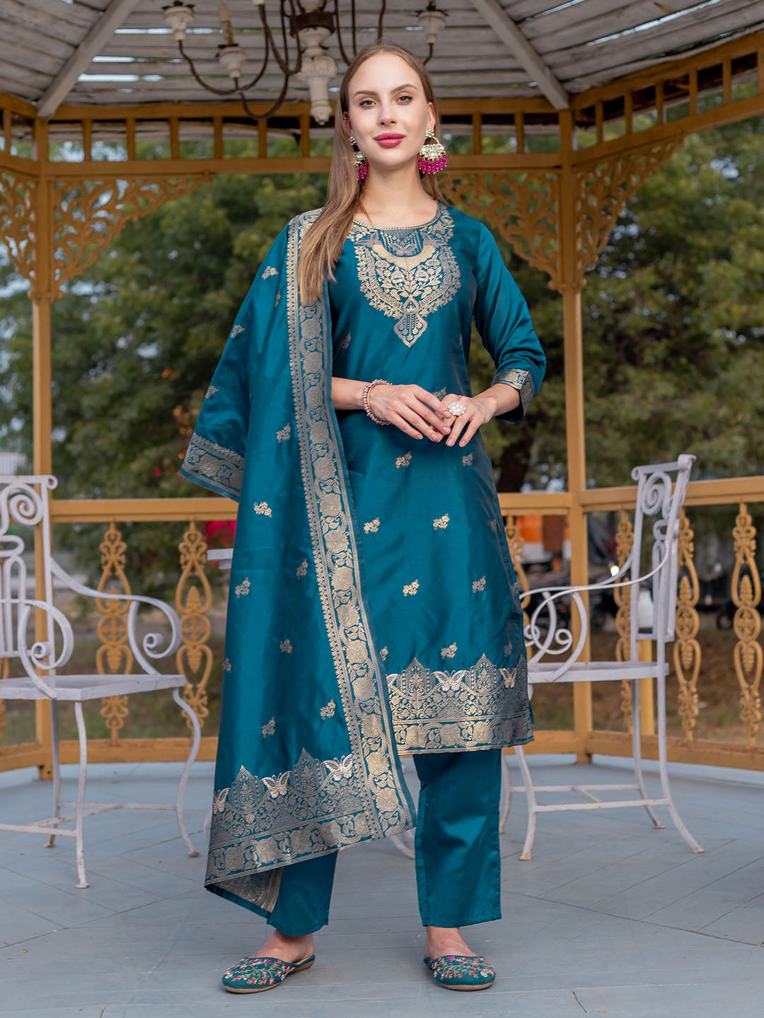 Turquoise Colour Polyester Blend Kurta With Bottom & Banarasi Silk Dupatta Set