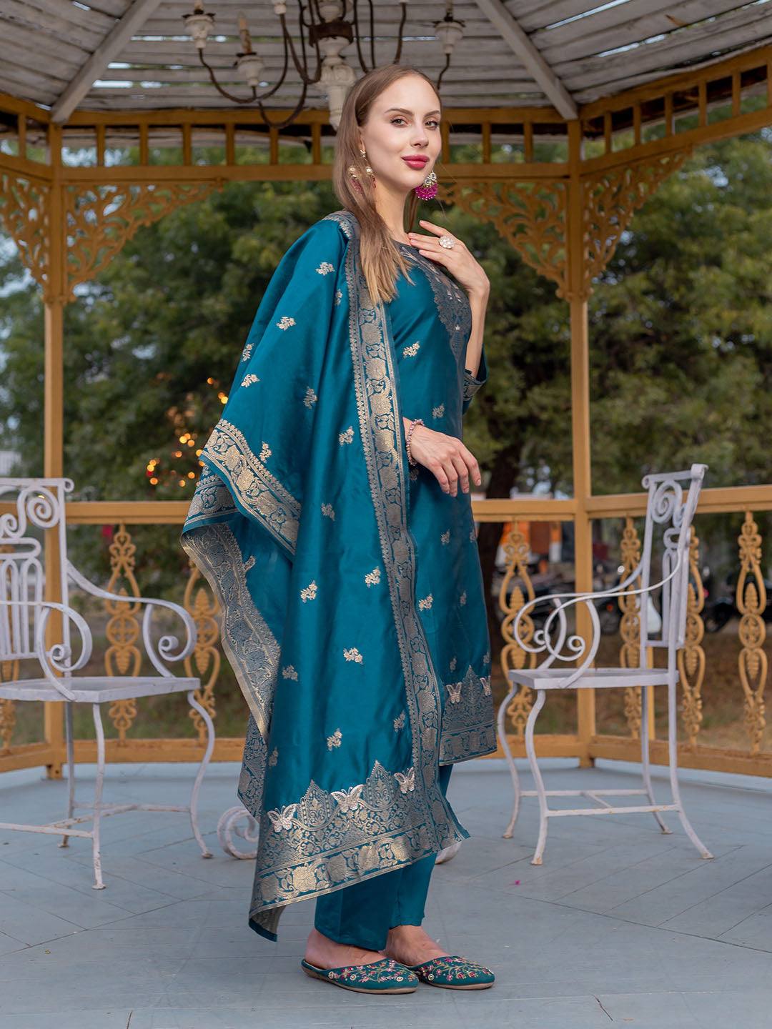 Turquoise Colour Polyester Blend Kurta With Bottom & Banarasi Silk Dupatta Set