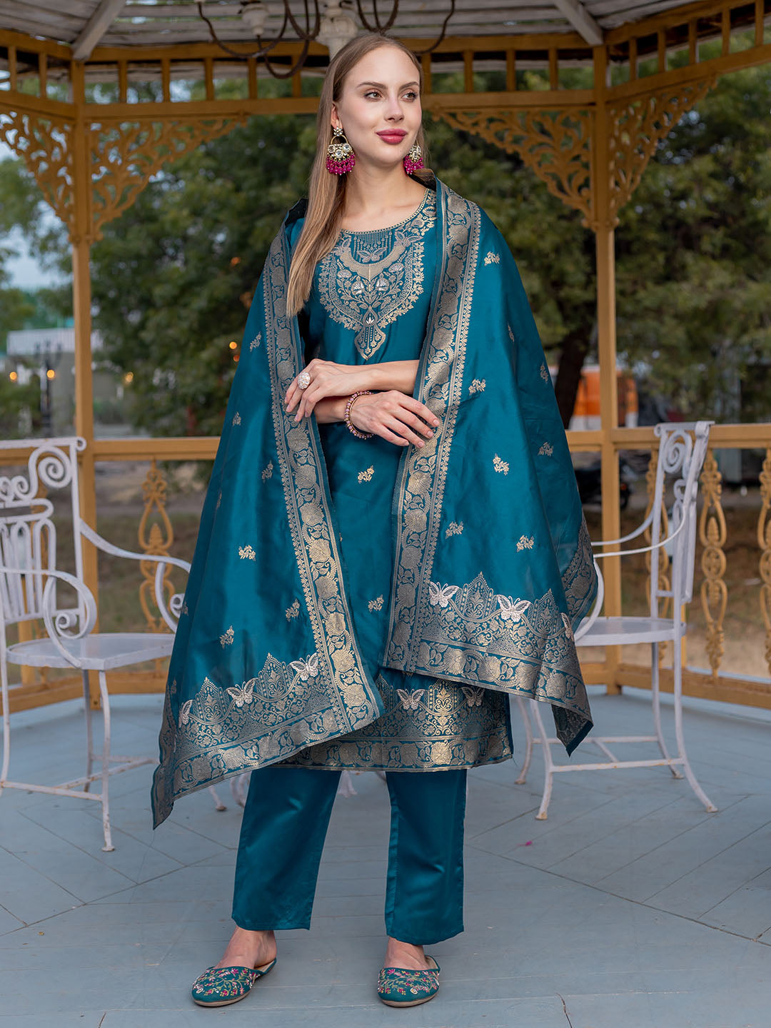 Turquoise Colour Polyester Blend Kurta With Bottom & Banarasi Silk Dupatta Set