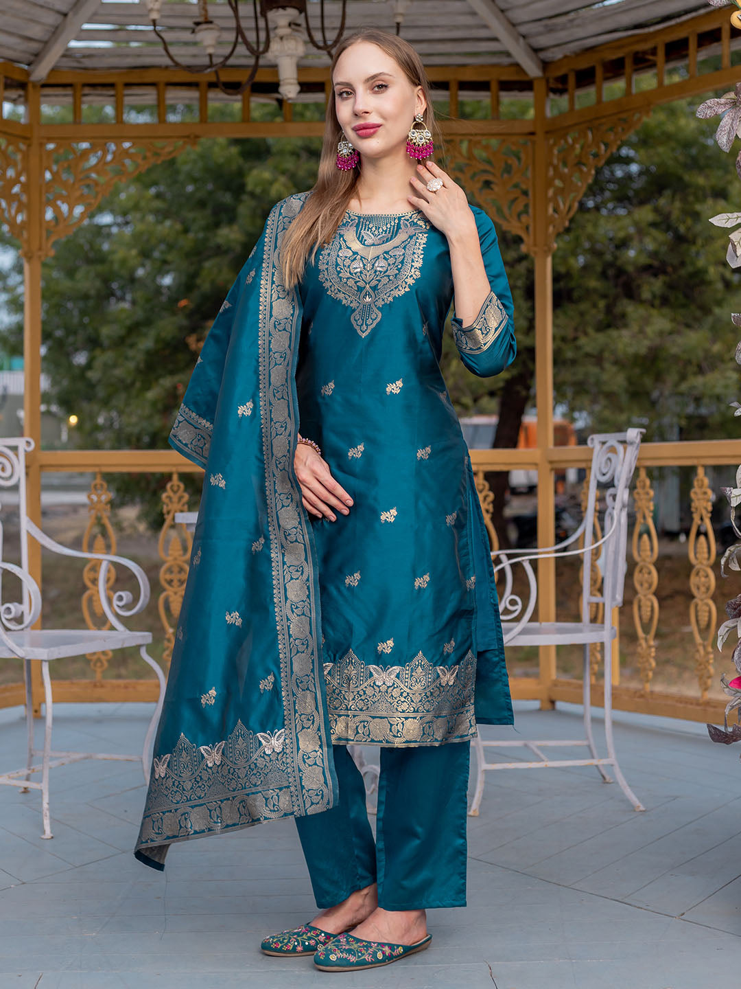 Turquoise Colour Polyester Blend Kurta With Bottom & Banarasi Silk Dupatta Set