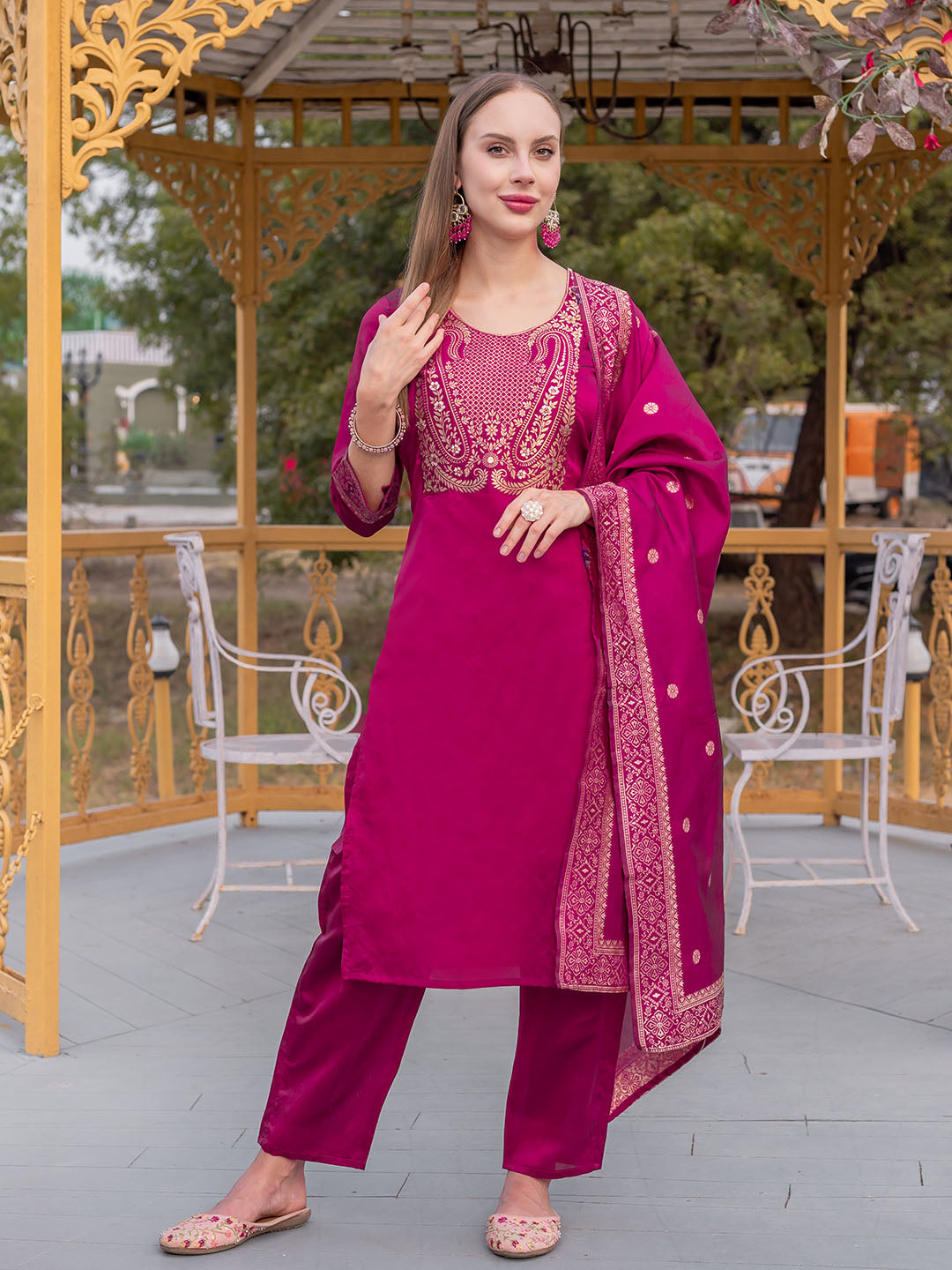 Pink Colour Polyester Blend Kurta With Bottom & Banarasi Silk Dupatta Set