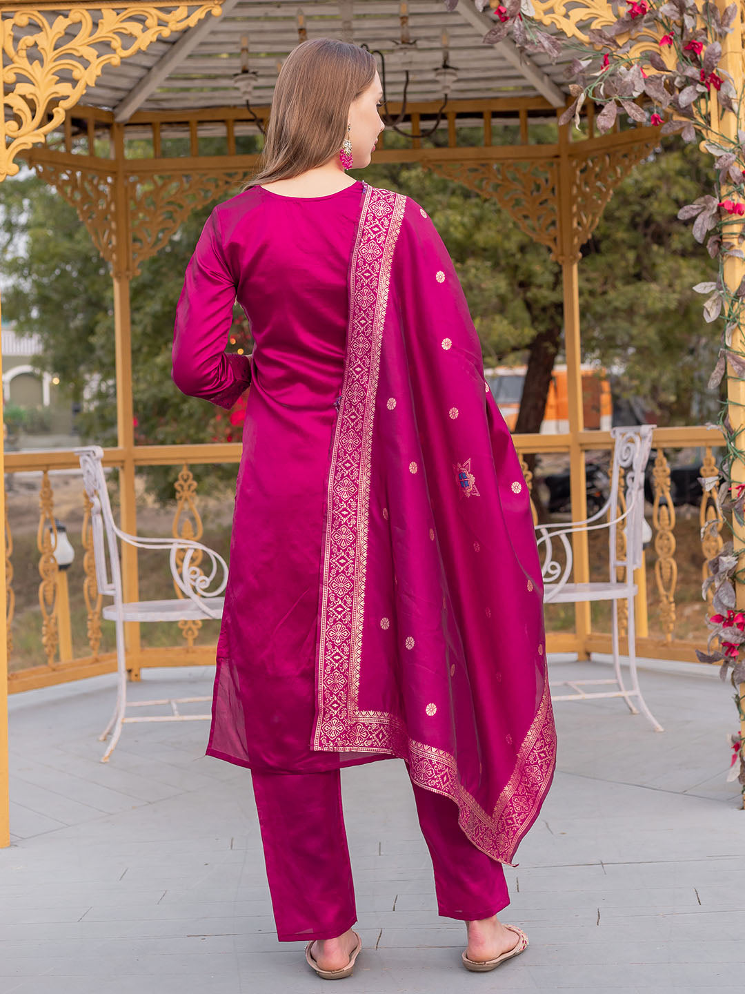 Pink Colour Polyester Blend Kurta With Bottom & Banarasi Silk Dupatta Set