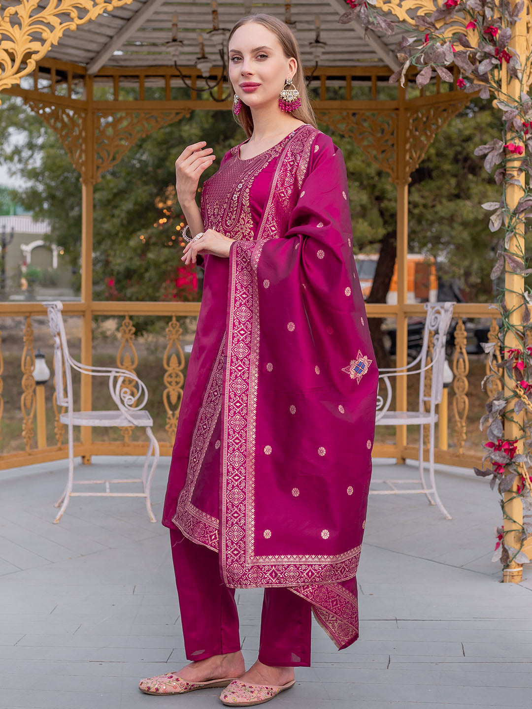 Pink Colour Polyester Blend Kurta With Bottom & Banarasi Silk Dupatta Set