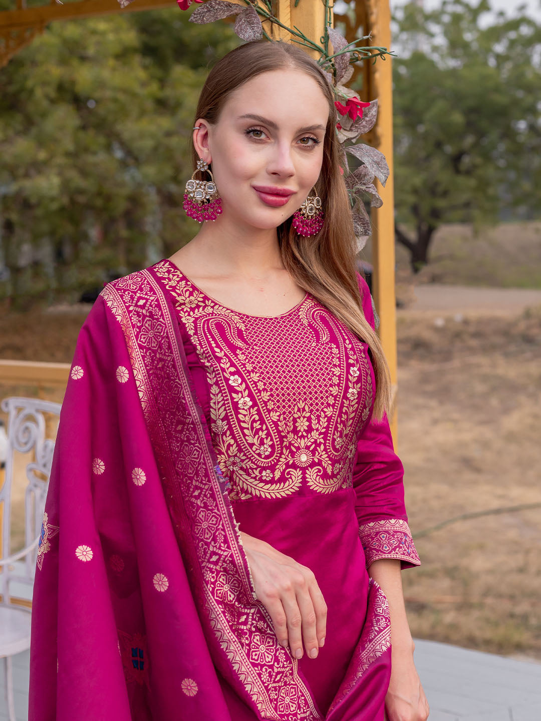 Pink Colour Polyester Blend Kurta With Bottom & Banarasi Silk Dupatta Set