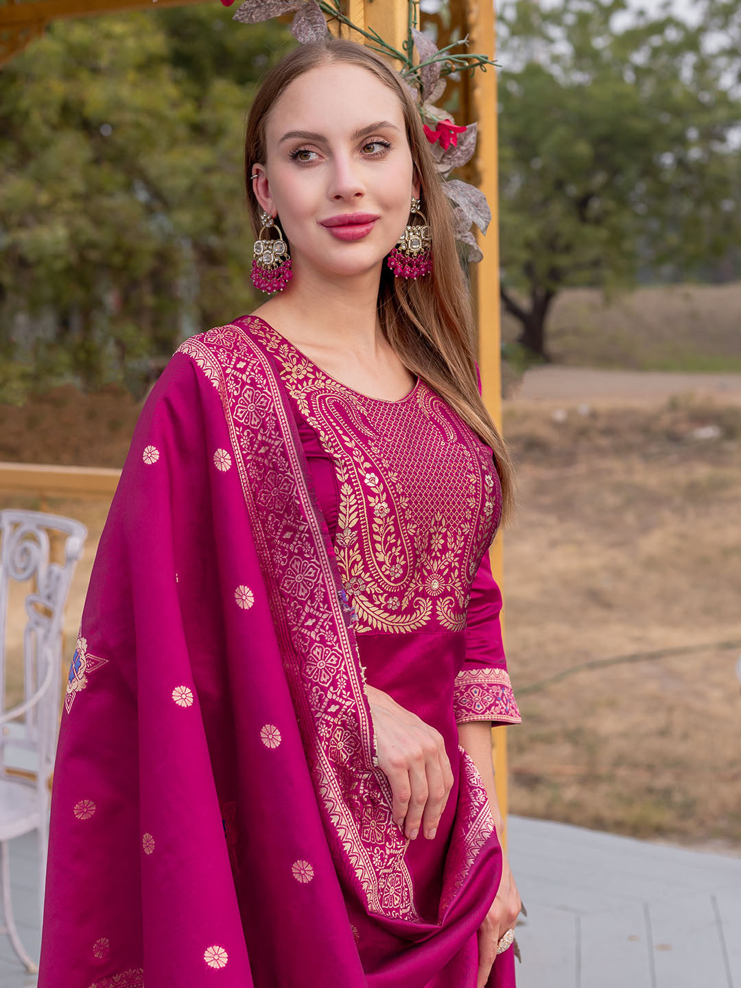 Pink Colour Polyester Blend Kurta With Bottom & Banarasi Silk Dupatta Set