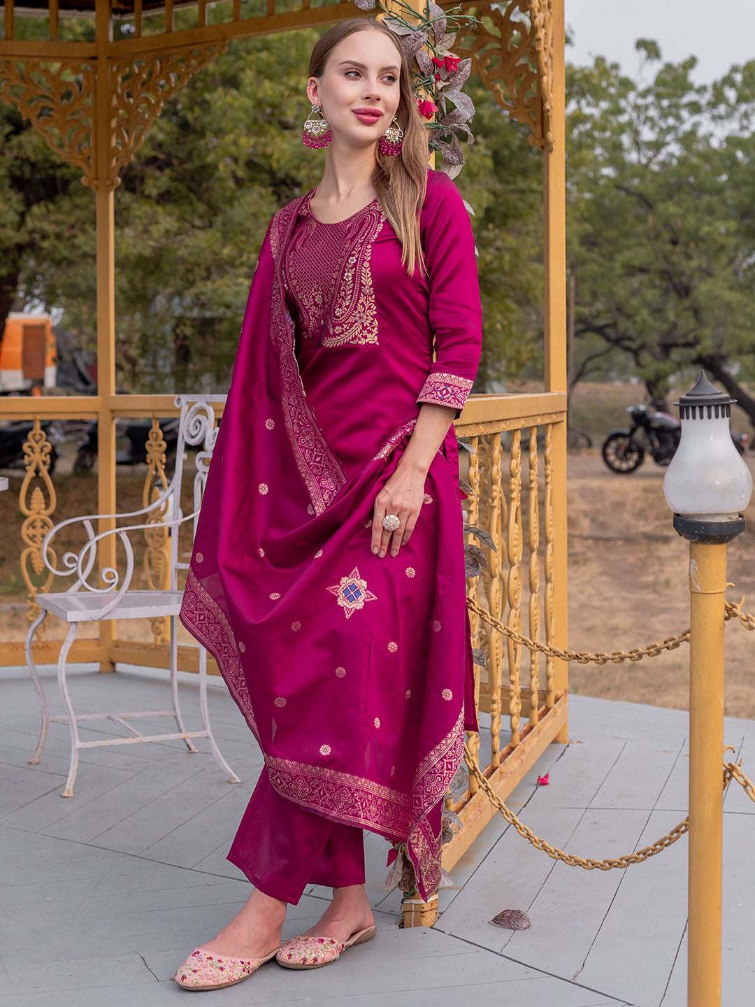 Pink Colour Polyester Blend Kurta With Bottom & Banarasi Silk Dupatta Set