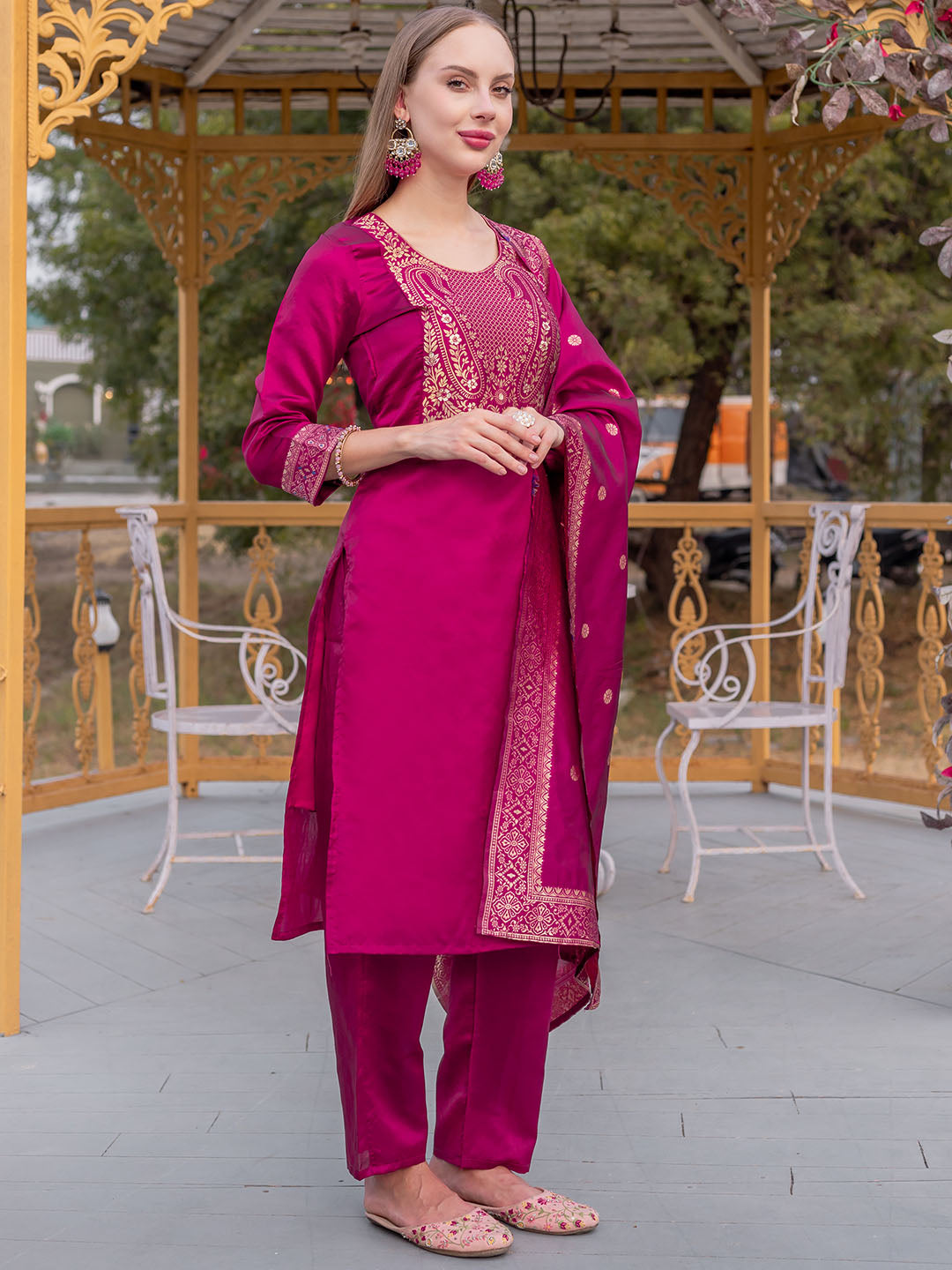 Pink Colour Polyester Blend Kurta With Bottom & Banarasi Silk Dupatta Set