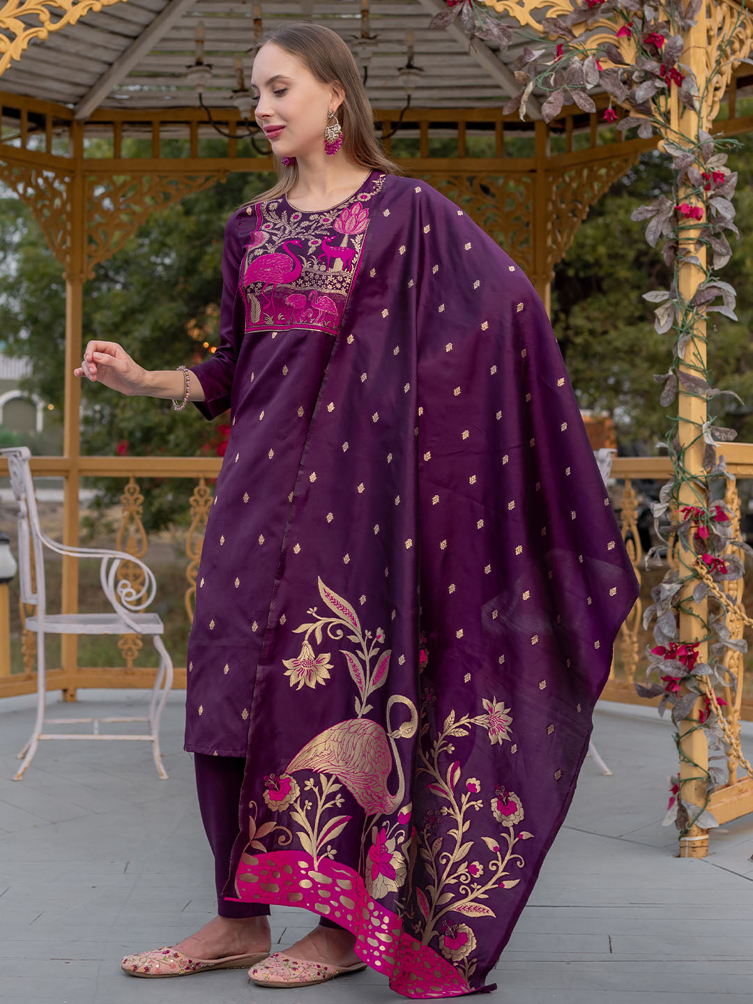 Purple Colour Polyester Blend Kurta With Bottom & Banarasi Silk Dupatta Set