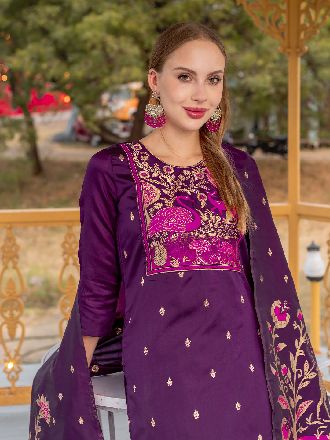 Purple Colour Polyester Blend Kurta With Bottom & Banarasi Silk Dupatta Set