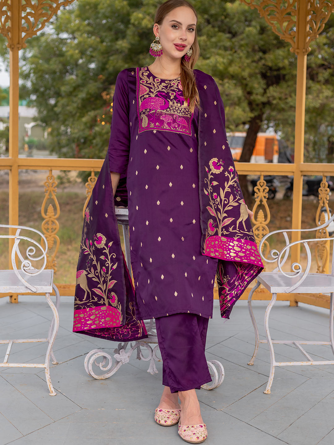 Purple Colour Polyester Blend Kurta With Bottom & Banarasi Silk Dupatta Set