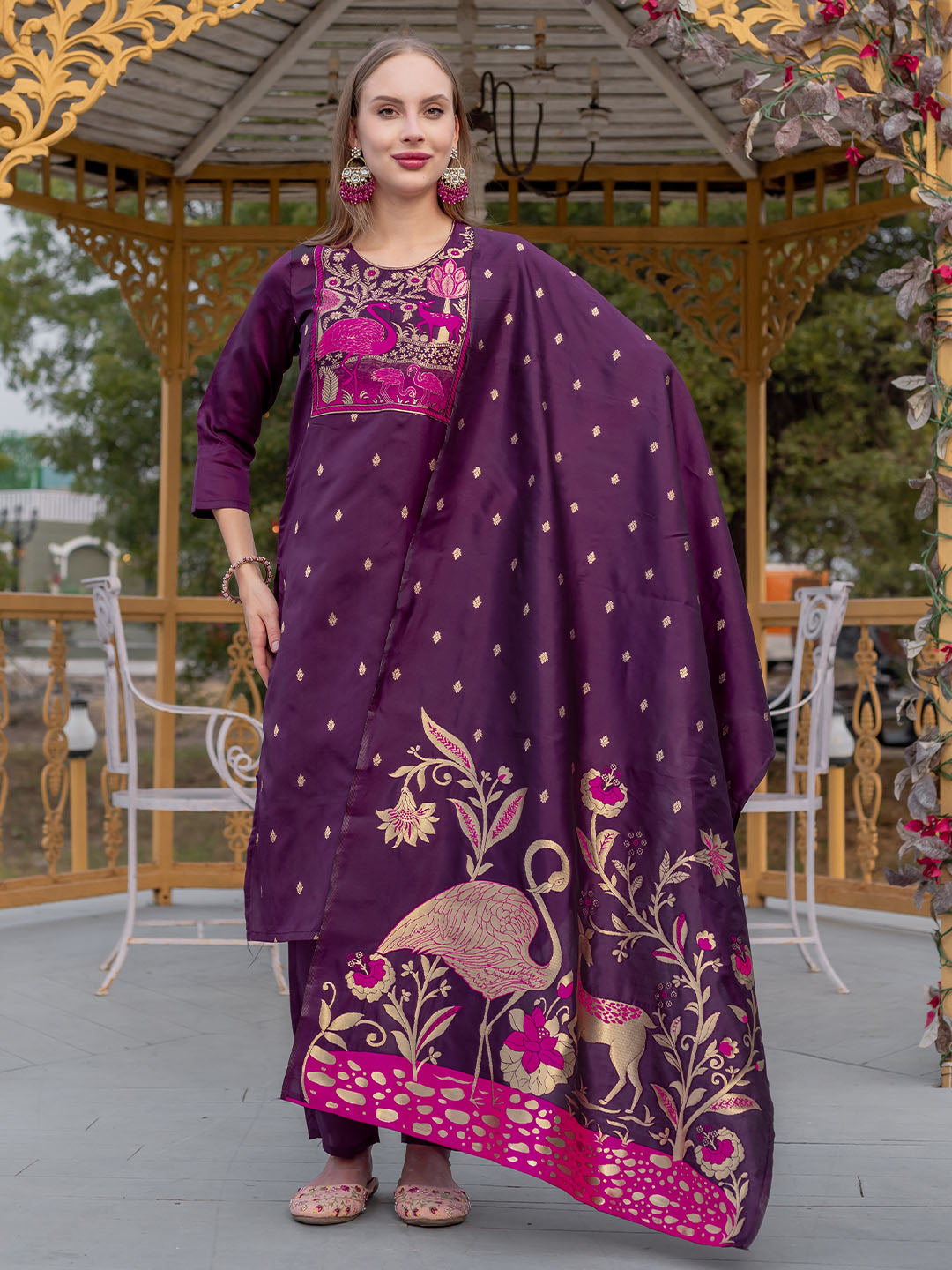 Purple Colour Polyester Blend Kurta With Bottom & Banarasi Silk Dupatta Set