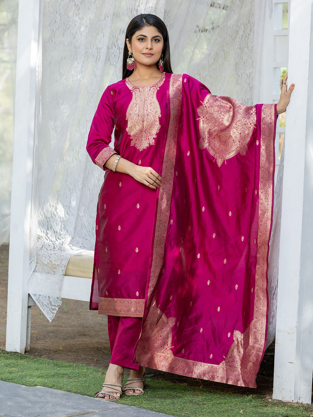 PInk Color Polyester Silk Kurta With Bottom & Dupatta Set