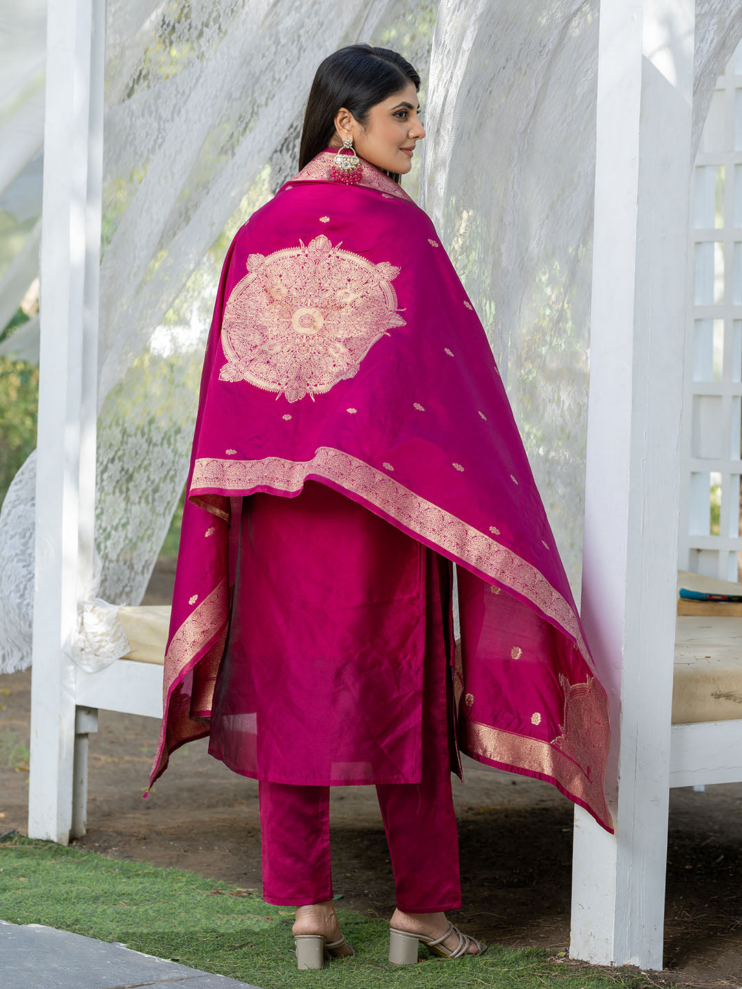 PInk Color Polyester Silk Kurta With Bottom & Dupatta Set