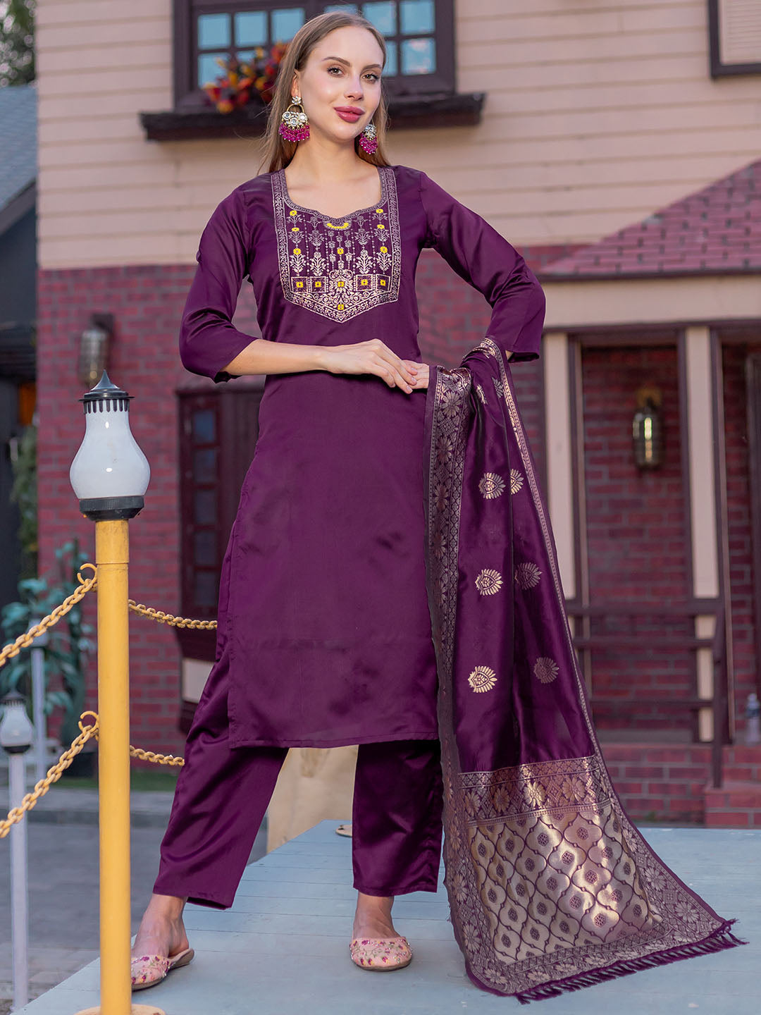 WIne Colour Polyester Blend Kurta With Bottom & Banarasi Silk Dupatta Set