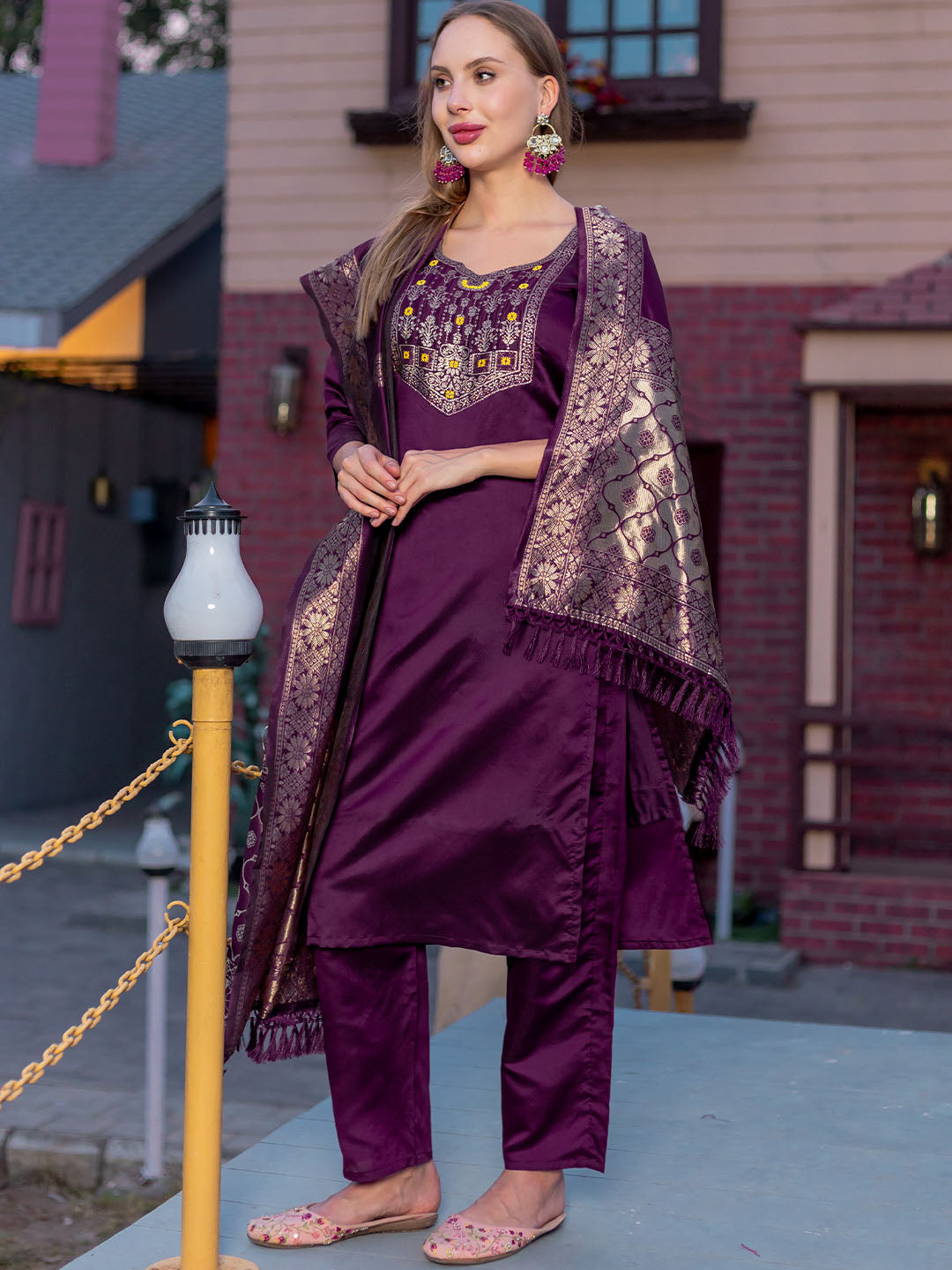 WIne Colour Polyester Blend Kurta With Bottom & Banarasi Silk Dupatta Set