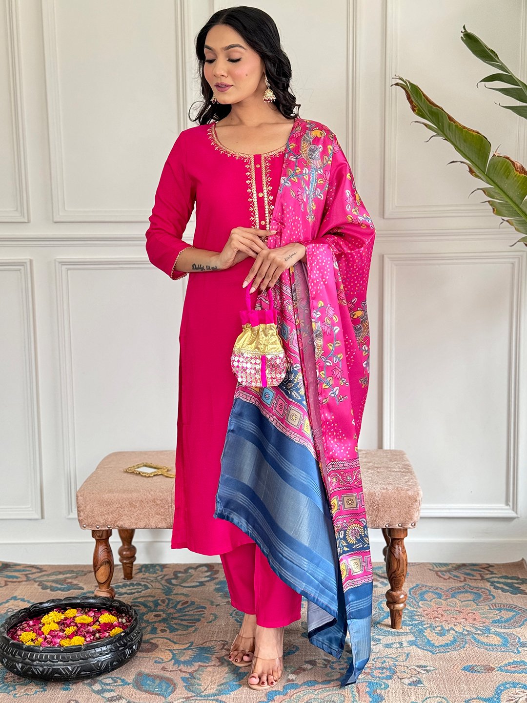 Pink Colour Viscose Embroidered Sequined Kurta With Bottom & Dupatta Set