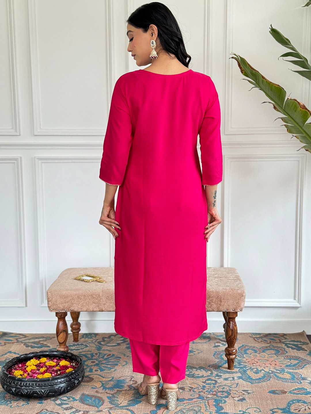 Pink Colour Viscose Embroidered Sequined Kurta With Bottom & Dupatta Set