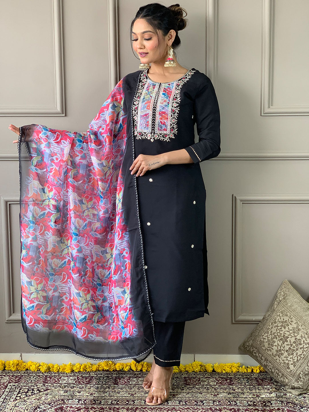 Rayon Slub Embroidered Straight Kurta with Rayon Slub Pant And Organza Printed Dupatta Set