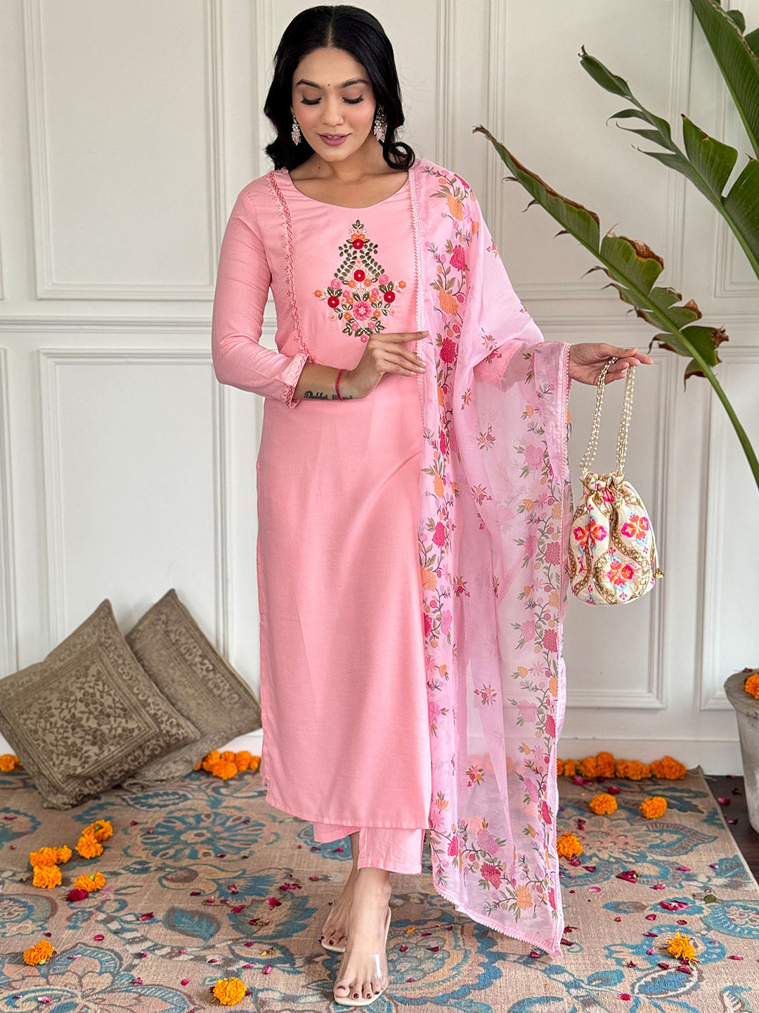 Floral Embroidered Rayon Fabric kurta With Bottom & Dupatta Set