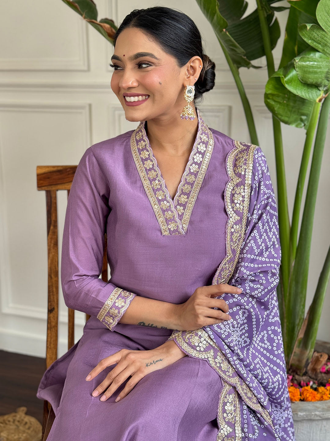 Lavender Colour Viscose Silk Embroidered Straight Kurta with Viscose Silk Pant And Chinon Printed Dupatta Set