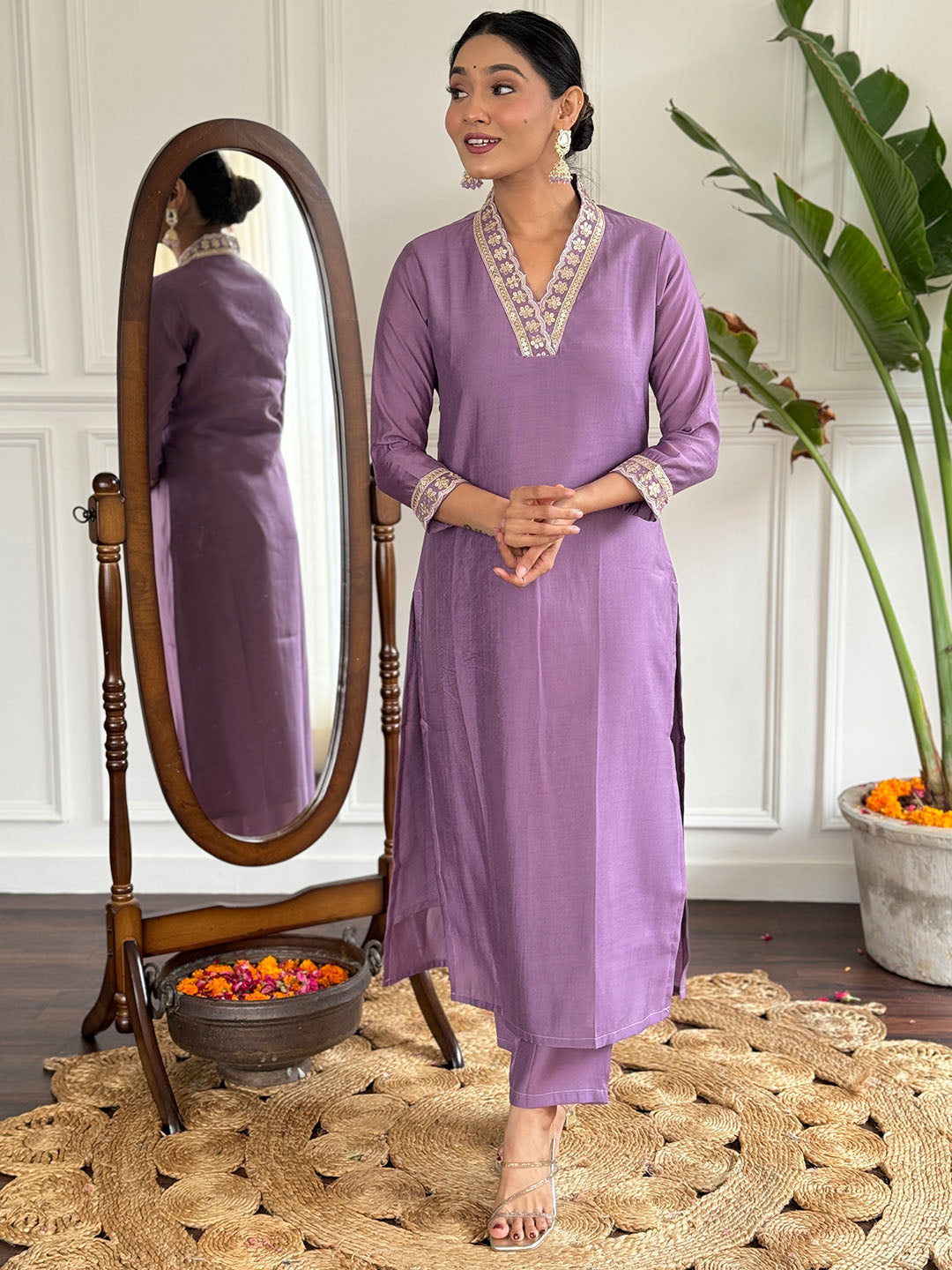 Lavender Colour Viscose Silk Embroidered Straight Kurta with Viscose Silk Pant And Chinon Printed Dupatta Set