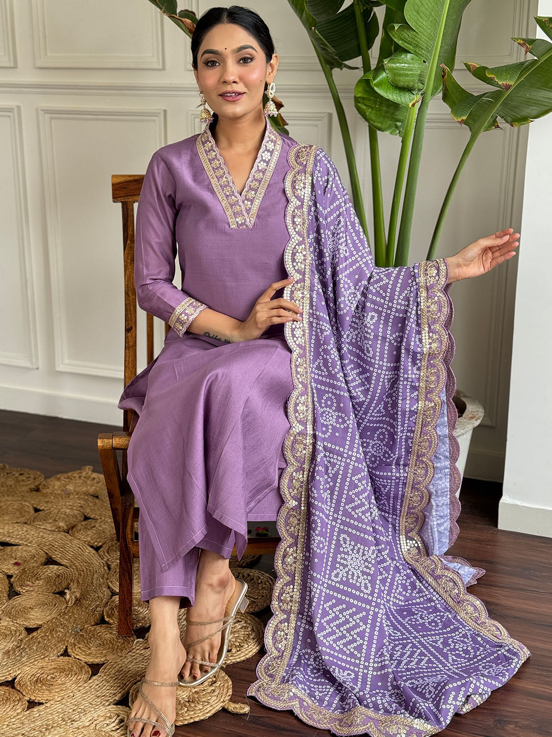 Lavender Colour Viscose Silk Embroidered Straight Kurta with Viscose Silk Pant And Chinon Printed Dupatta Set