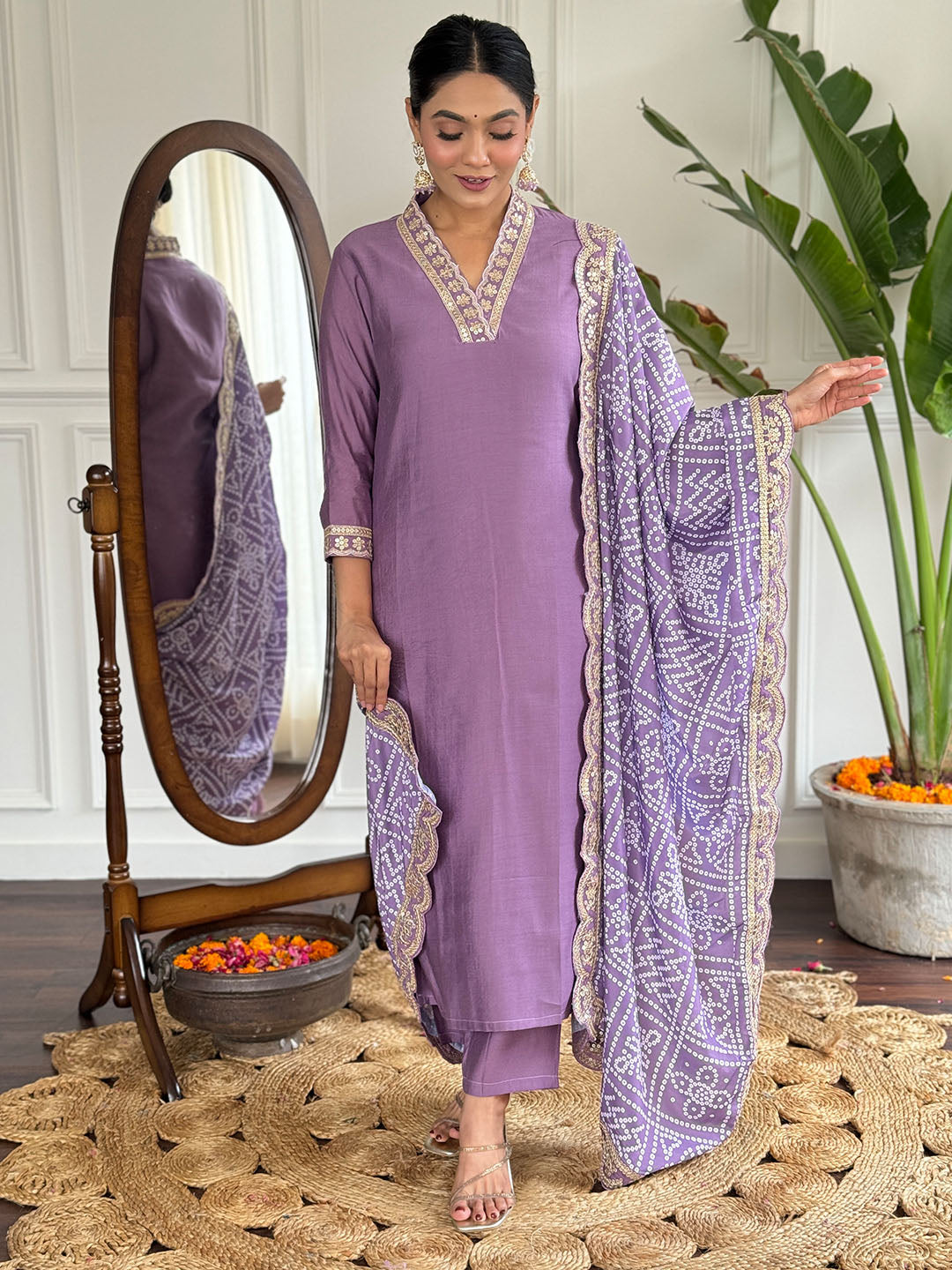 Lavender Colour Viscose Silk Embroidered Straight Kurta with Viscose Silk Pant And Chinon Printed Dupatta Set